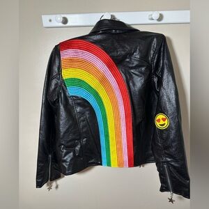 Lola + The Boys Black Vegan Leather Moto Jacket with Embroidered Rainbow Size 10